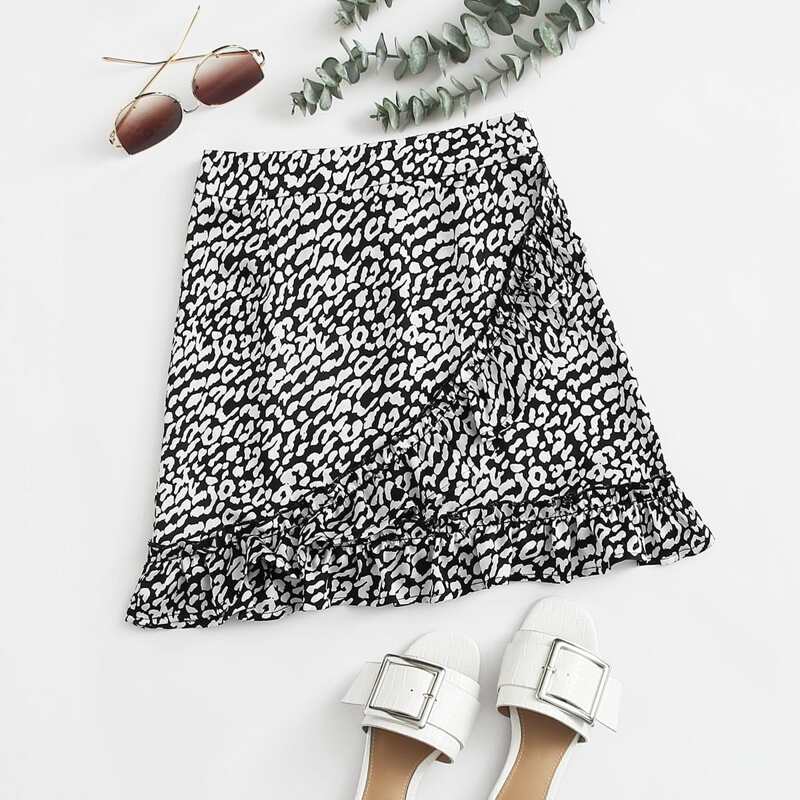 

Leopard Print Ruffle Hem Skirt, Black and white