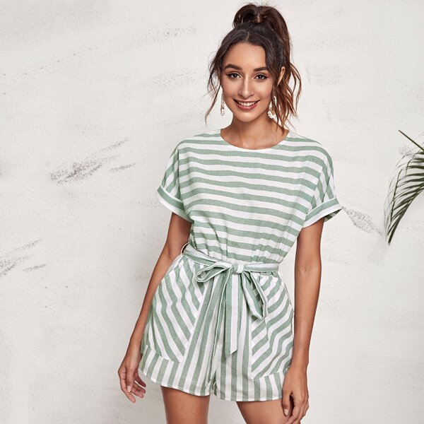 

Patch Pocket Cuffed Batwing Sleeve Belted Striped Romper, Multicolor