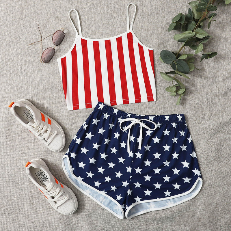 

Striped Crop Cami Top & Star Track Shorts Set, Multicolor
