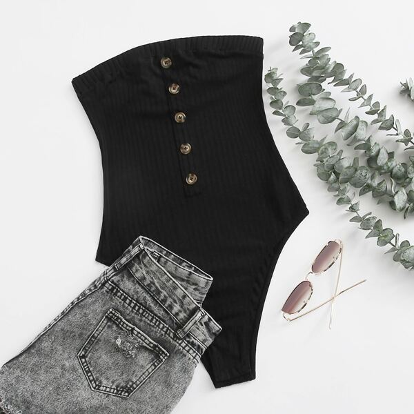 

Button Front Rib-knit Tube Bodysuit, Black
