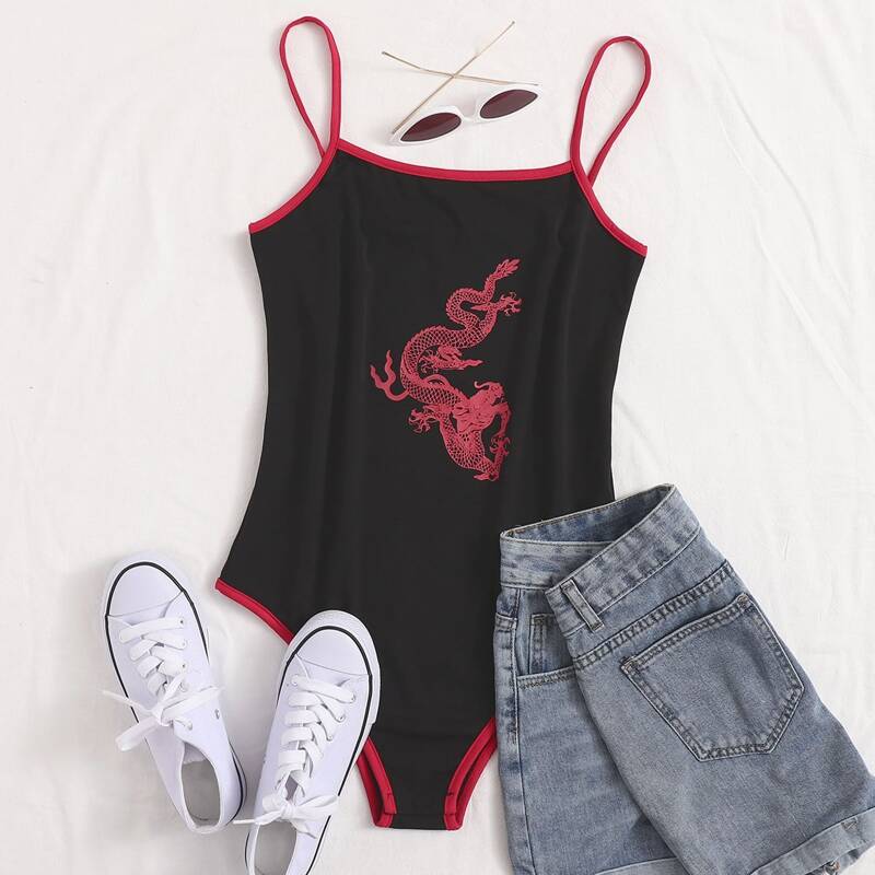 

Dragon Graphic Cami Bodysuit, Black