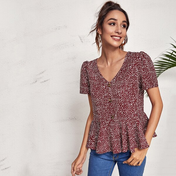 

Button Front Dalmatian Print Smock Top, Maroon