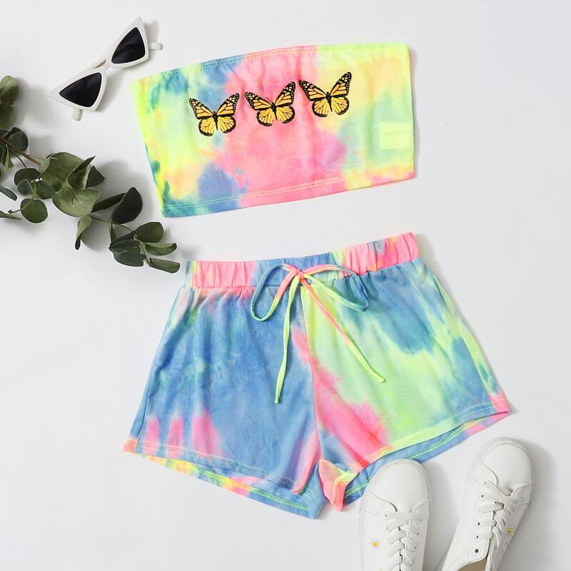 

Butterfly Print Tie Dye Tube Top & Track Shorts Set, Multicolor