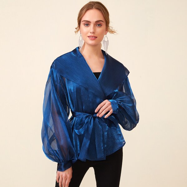 

Waterfall Collar Lantern Sleeve Belted Silky Top, Blue