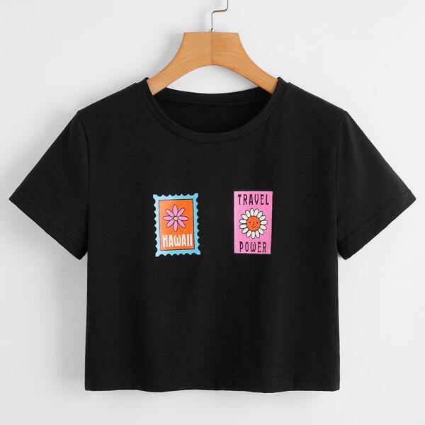 

Letter & Floral Print Round Neck Tee, Black