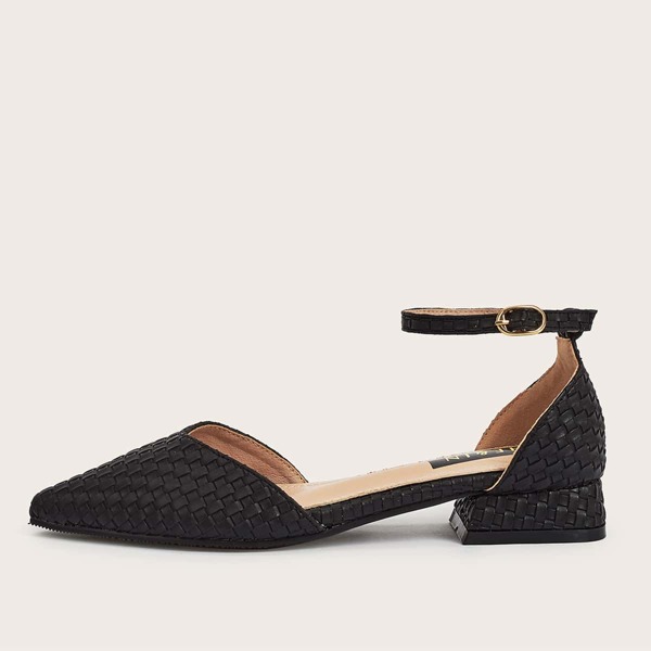 

Point Toe Ankle Strap Woven Flats, Black