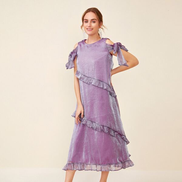

Knot Detail Ruffle Trim Organza Overlay Dress, Lilac purple