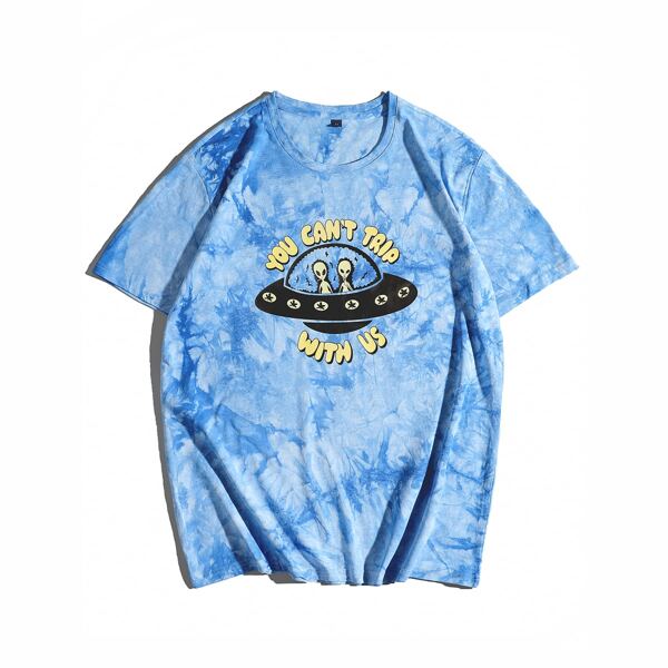 

Men Tie Dye Alien And Slogan Graphic Tee, Blue