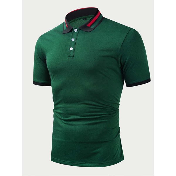 

Men Contrast Collar Polo Shirt, Dark green