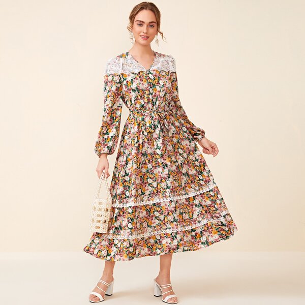 

Allover Floral Print Embroidered Mesh Trim Lantern Sleeve Dress, Multicolor