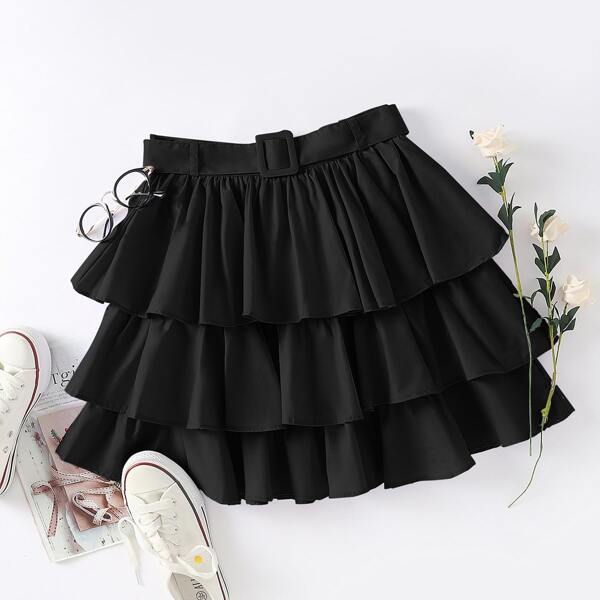 

Solid Layered Belted Skirt, Black
