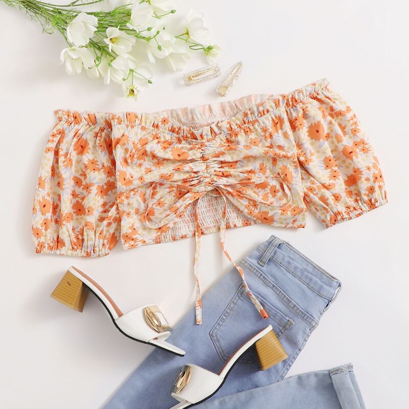 

Floral Ruched Crop Top, Multicolor