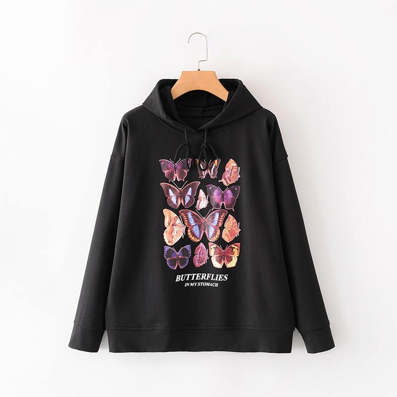 

Butterfly And Slogan Graphic Hoodie, Black