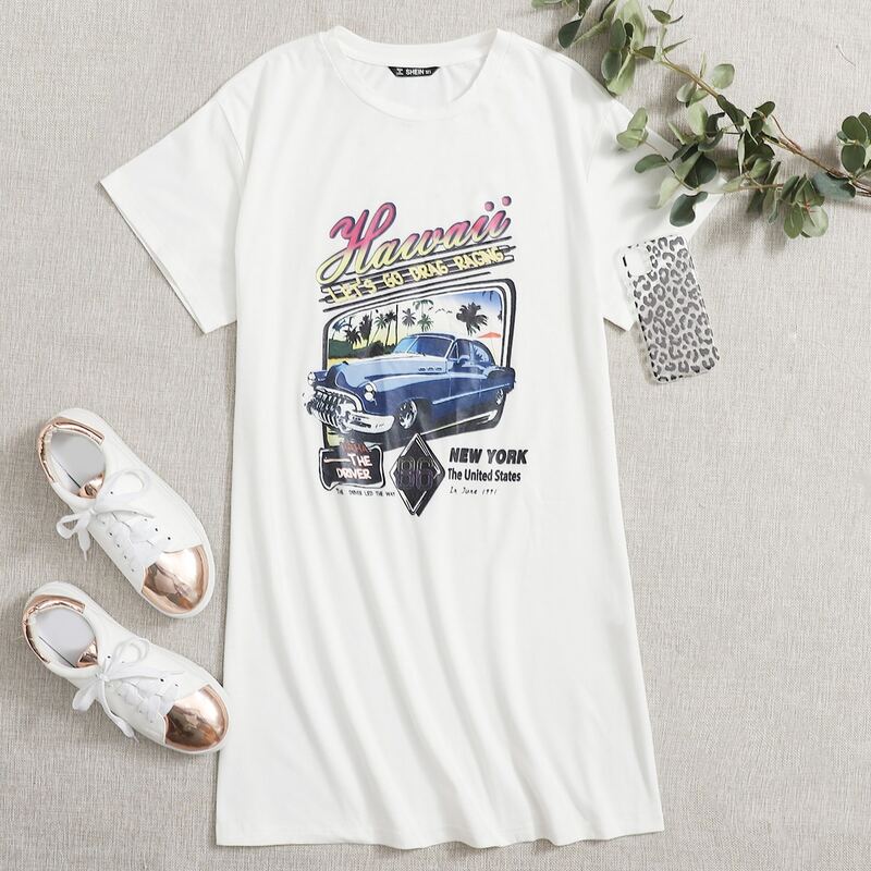 

Slogan and Car Print Tee Dress, White