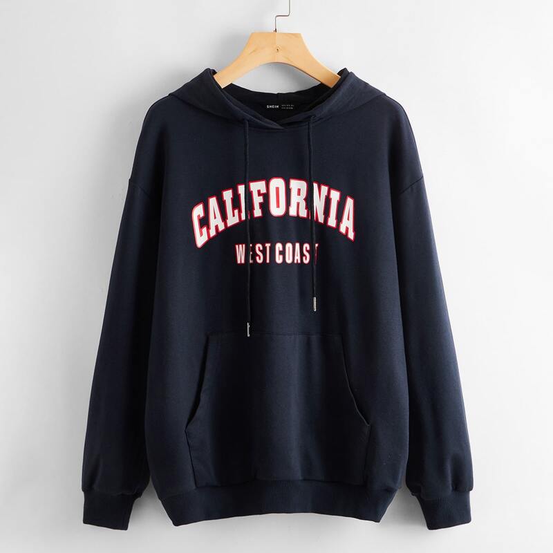 

Letter Graphic Pocket Front Drop Shoulder Hoodie, Navy blue