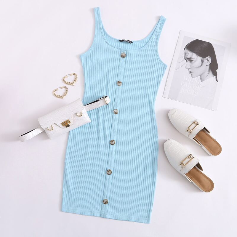 

Button Front Rib-knit Dress, Pastel baby blue