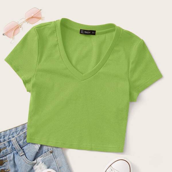 

V-Neck Rib-knit Crop Top, Lime green