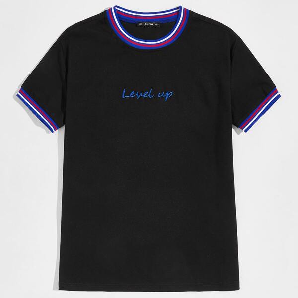 

Men Letter Embroidered Striped Trim Ringer Tee, Black