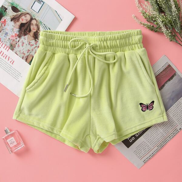

Butterfly Embroidered Drawstring Waist Track Shorts, Lime green
