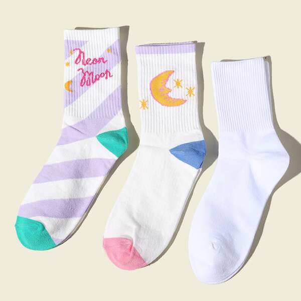 

3pairs Moon Pattern Socks, Multicolor