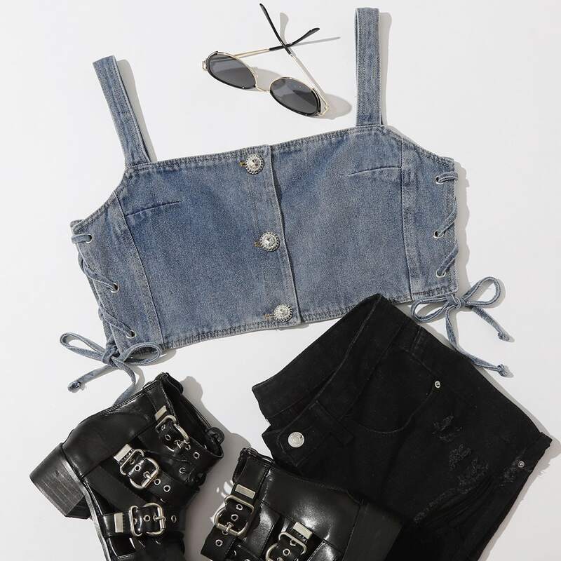 

Lace-up Side Cami Denim Top, Medium wash