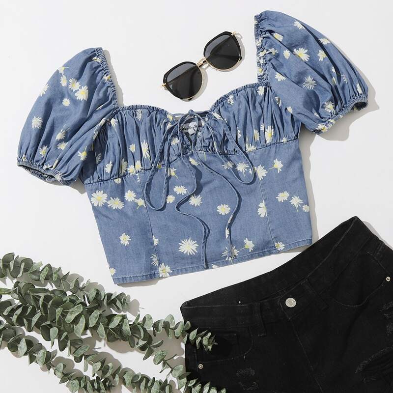 

Knot Front Floral Print Denim Top, Medium wash
