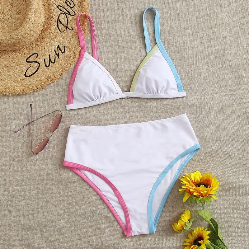 

Contrast Binding High Waisted Bikini Swimsuit, White