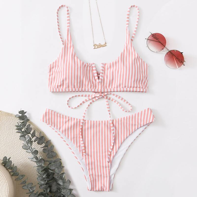 

Striped V Wired Cami Bikini Swimsuit, Red and white