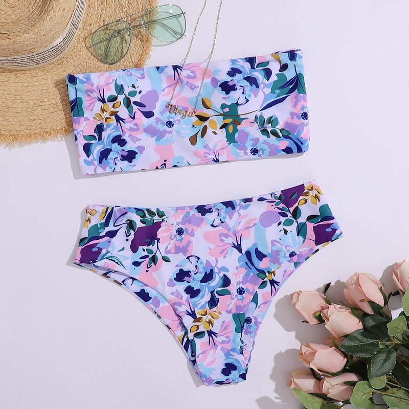 

Allover Floral Bandeau Bikini Swimsuit, Multicolor