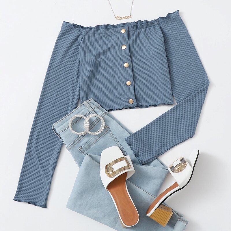 

Button Front Lettuce Trim Tee, Dusty blue