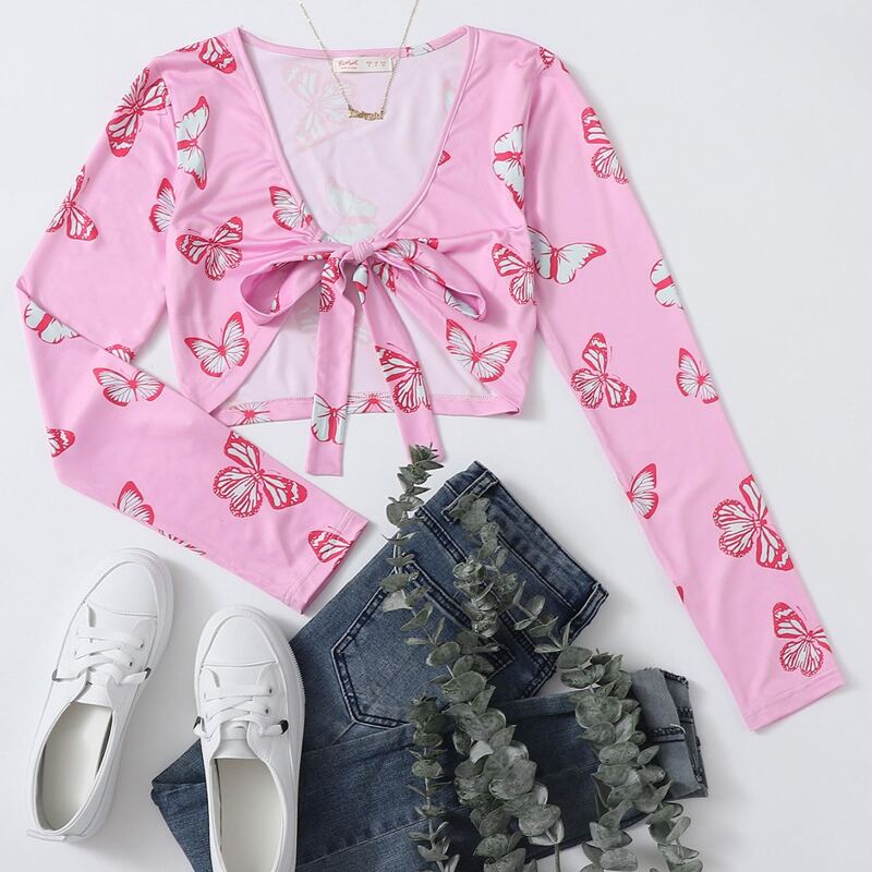 

Butterfly Print Tie Front Top, Pink