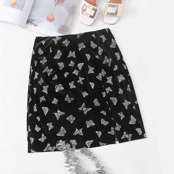

Plus Allover Butterfly Print Split Hem Velvet Skirt, Black