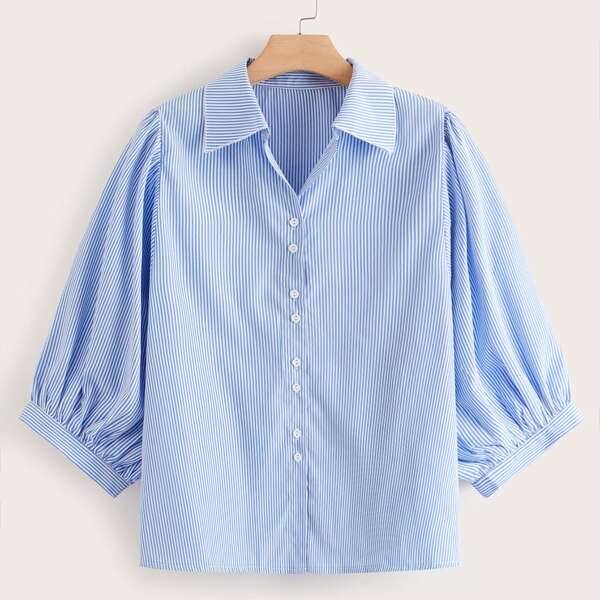

Plus Button Front Puff Sleeve Striped Blouse, Blue