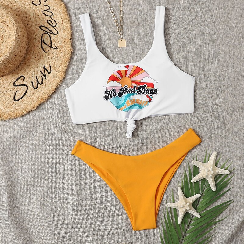 

Cartoon & Letter Graphic Knot Front Bikini Swimsuit, Multicolor
