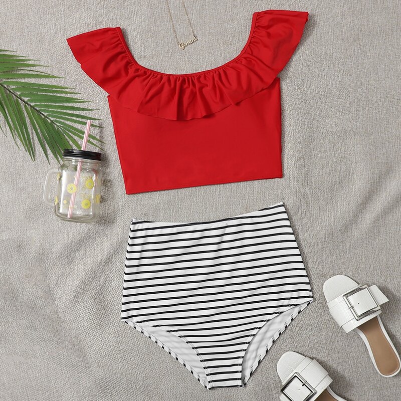 

Striped Ruffle Trim High Waisted Bikini Swimsuit, Multicolor