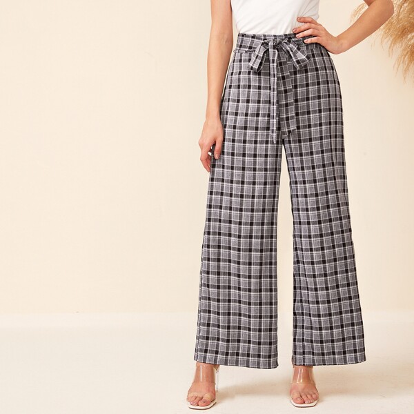 

Wide Leg Gingham Belted Pants, Grey