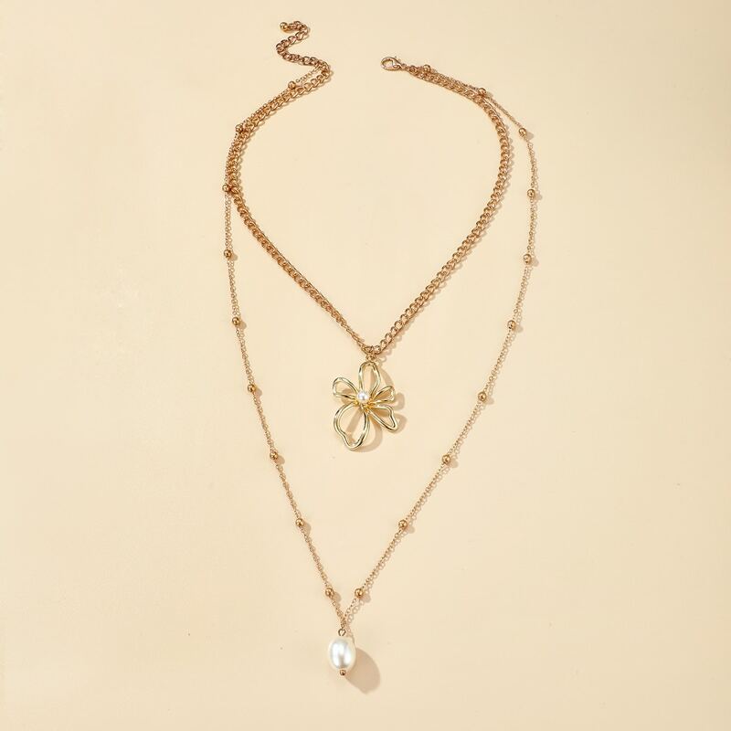 

Faux Pearl Flower Charm Layered Necklace, Gold