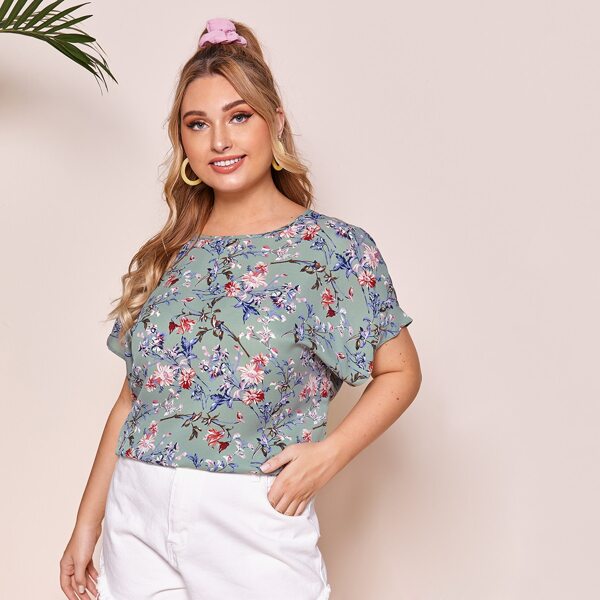 

Plus Keyhole Back Botanical Print Top, Mint green