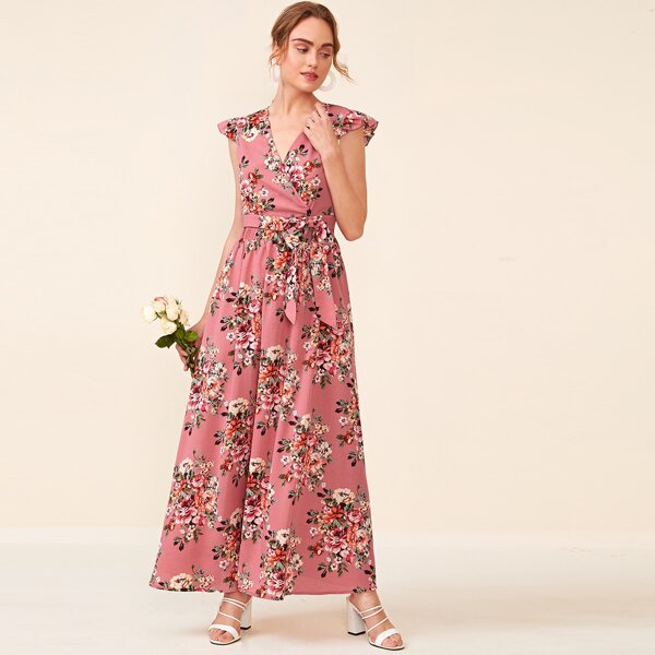 

Surplice Neck Ruffle Armhole Floral Top & Flare Skirt Set, Dusty pink