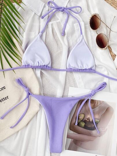 Rib Triangle Halter Tie Side Bikini Swimsuit