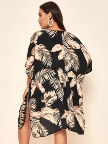 SHEIN Swim Curve Kimono de talla grande con estampado tropical y abertura lateral, para verano y vacaciones en la playa - Negro - Ver 2