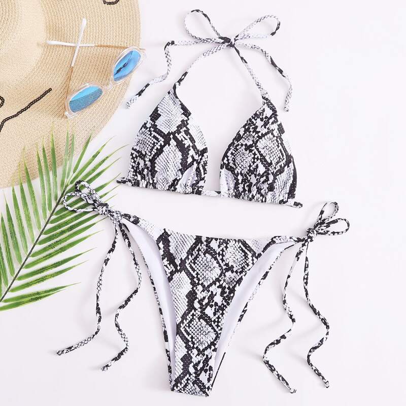 

Snakeskin Triangle Tie Side Bikini Swimsuit, Black and white