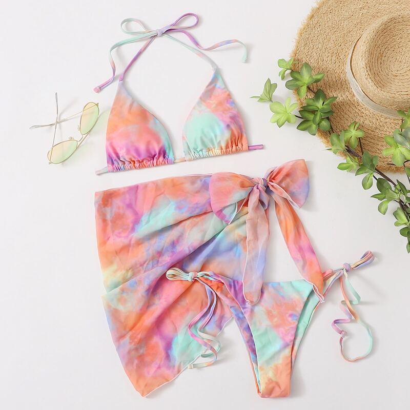 

3pack Tie Dye Triangle Bikini Swimsuit & Beach Skirt, Multicolor