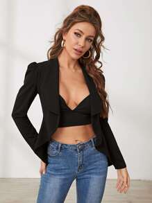 SHEIN Privé Shawl Collar Puff Sleeve Asymmetrical Hem Blazer - Black - View 1