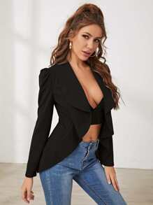 SHEIN Privé Shawl Collar Puff Sleeve Asymmetrical Hem Blazer - Black - View 5