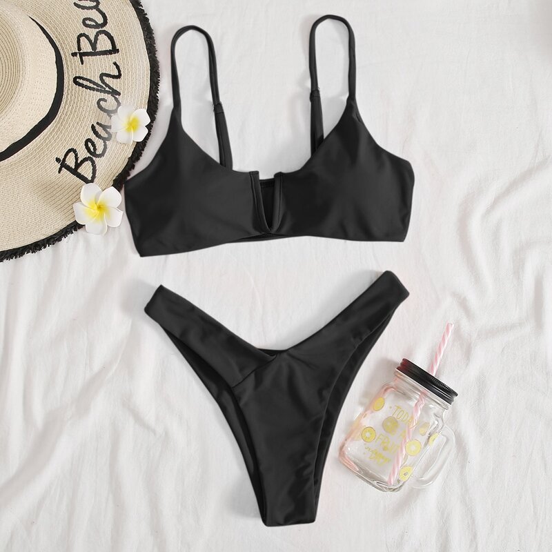 

V Wired High Cut Bikini Swimsuit, Black