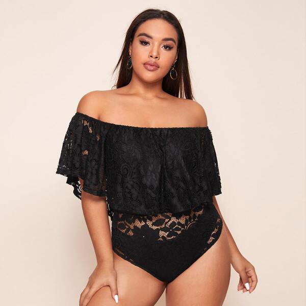 

Plus Off Shoulder Ruffle Trim Floral Lace Bodysuit, Black