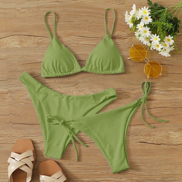 

3pack Triangle Tie Side Co-ord Bikini Swimsuit, Lime green