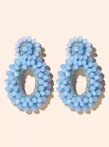 Beaded Round Drop Earrings - Blue - View 8