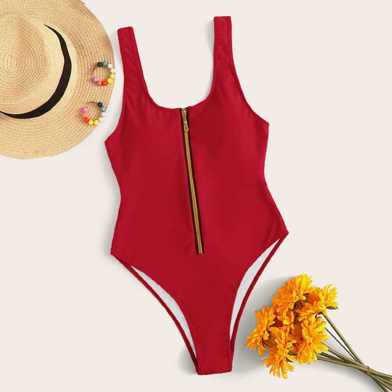 

Zip Front One Piece Tank Swimsuit, Red